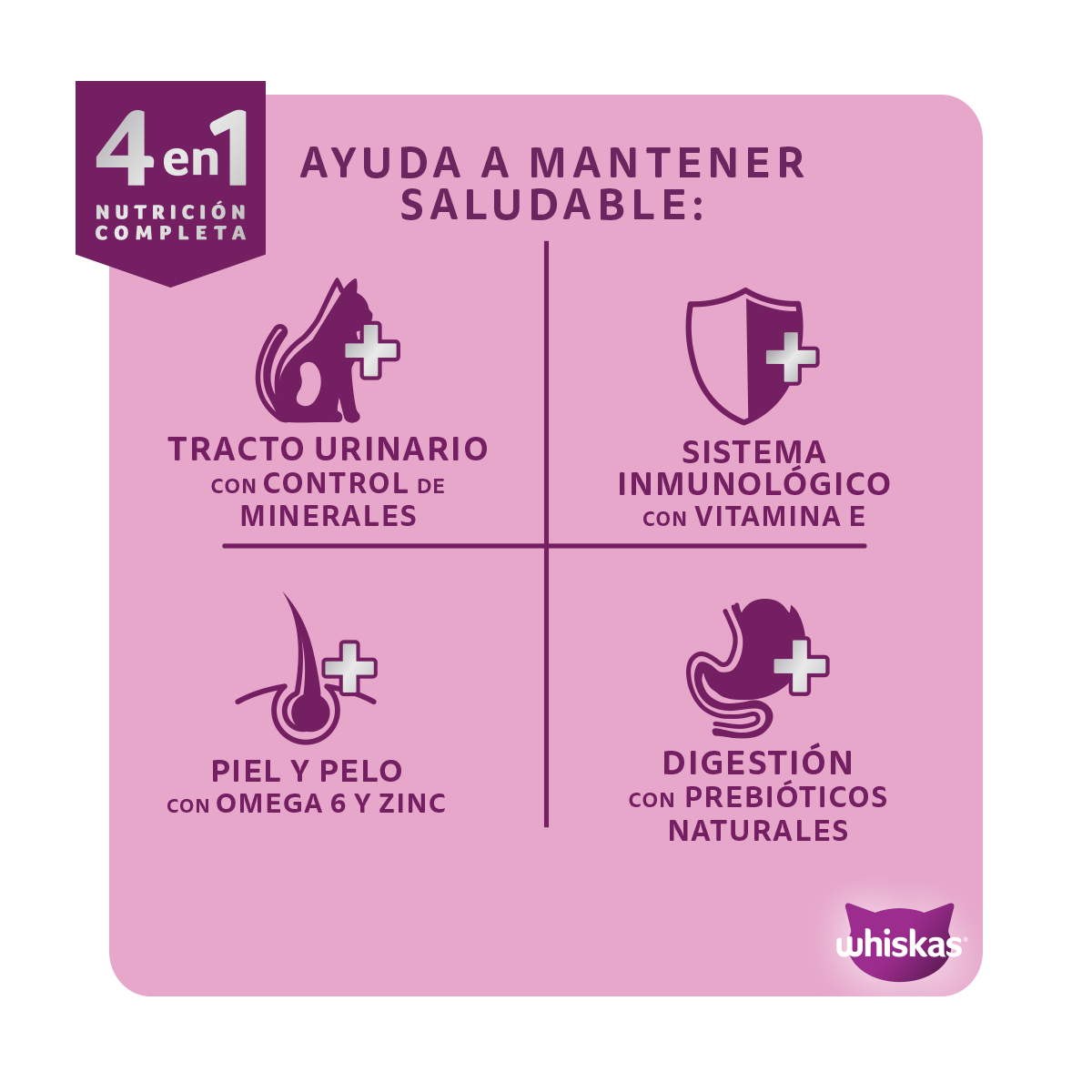 Beneficios Whiskas 4 en 1 para gatos adultos